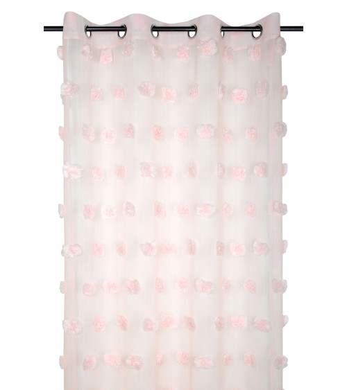 Rideau à pompons relief; Voilage à pompons; Rideau voilage léger; Voilage style bohème; Voilage chambre fille rose poudré