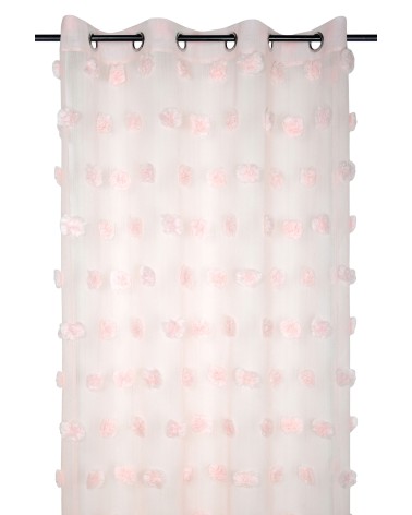 Rideau à pompons relief; Voilage à pompons; Rideau voilage léger; Voilage style bohème; Voilage chambre fille rose poudré