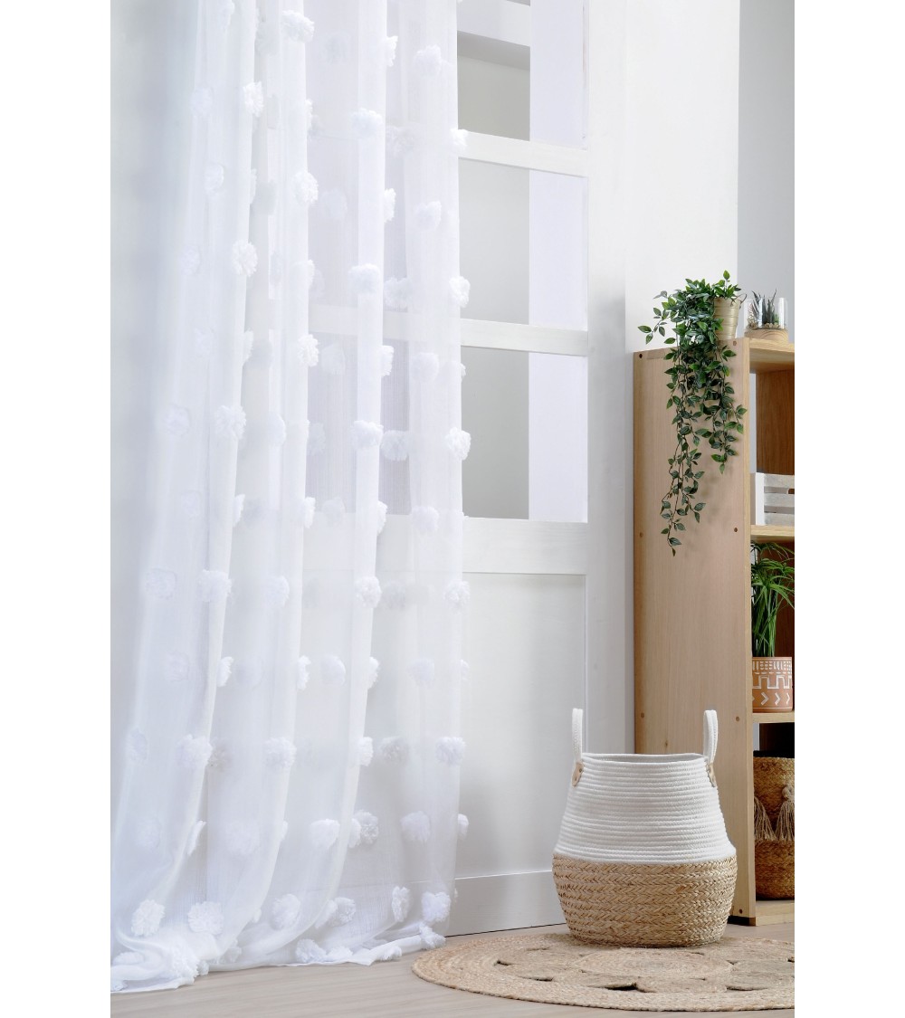 Rideau à pompons relief; Voilage à pompons; Rideau voilage léger; Voilage style bohème; Voilage chambre fille rose poudré