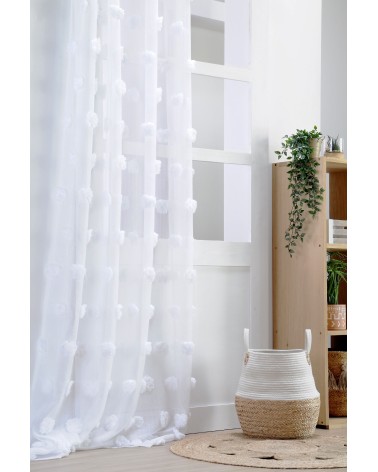 Rideau à pompons relief; Voilage à pompons; Rideau voilage léger; Voilage style bohème; Voilage chambre fille rose poudré