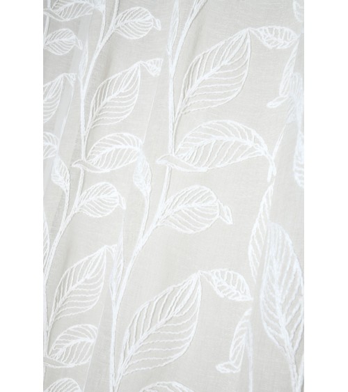 voilage brodé feuilles, voilage blanc relief, rideau broderie ton sur ton, voilage 140x260 œillets, décoration fenêtre végétale.