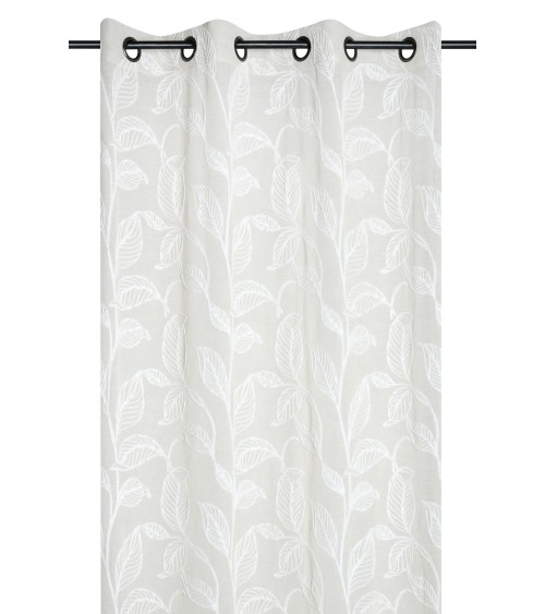 voilage brodé feuilles, voilage blanc relief, rideau broderie ton sur ton, voilage 140x260 œillets, décoration fenêtre végétale.