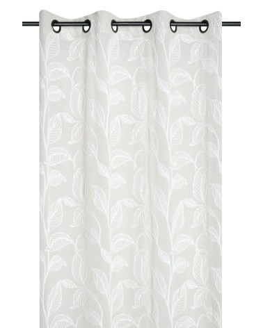 voilage brodé feuilles, voilage blanc relief, rideau broderie ton sur ton, voilage 140x260 œillets, décoration fenêtre végétale.
