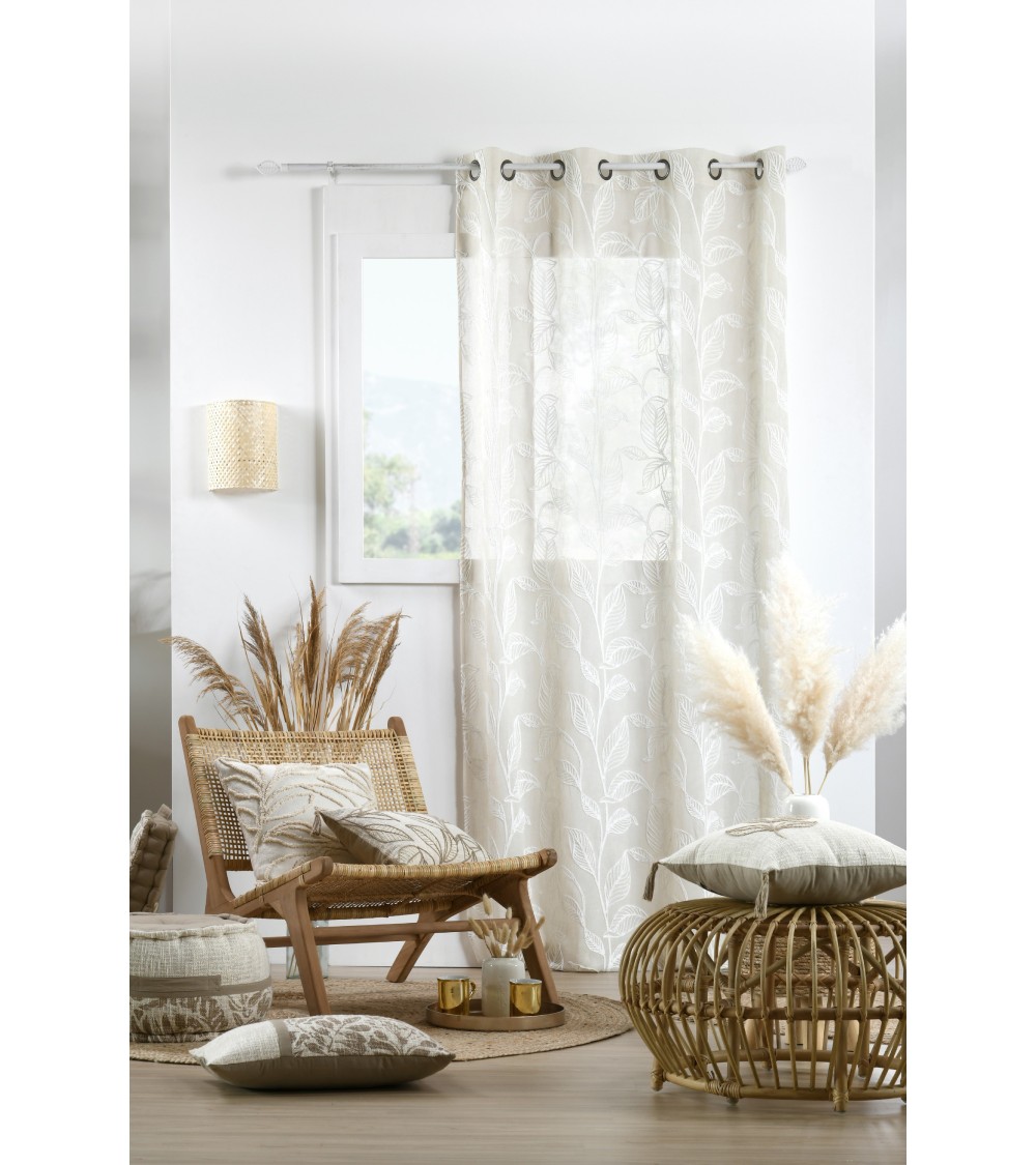 voilage brodé feuilles, voilage blanc relief, rideau broderie ton sur ton, voilage 140x260 œillets, décoration fenêtre végétale.