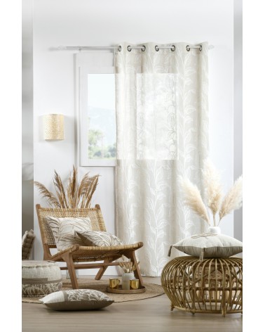 voilage brodé feuilles, voilage blanc relief, rideau broderie ton sur ton, voilage 140x260 œillets, décoration fenêtre végétale.