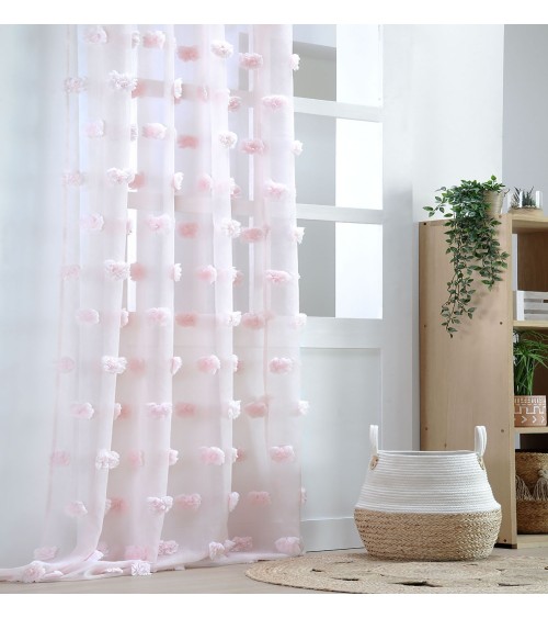 Rideau à pompons relief; Voilage à pompons; Rideau voilage léger; Voilage style bohème; Voilage chambre fille rose poudré