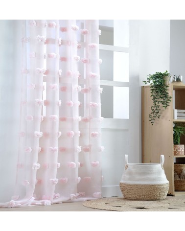Rideau à pompons relief; Voilage à pompons; Rideau voilage léger; Voilage style bohème; Voilage chambre fille rose poudré